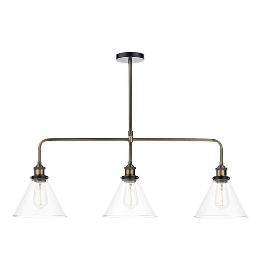 Dar Lighting RAY0375 Ray 3 Light Bar Pendant Antique Brass Clear - 23875