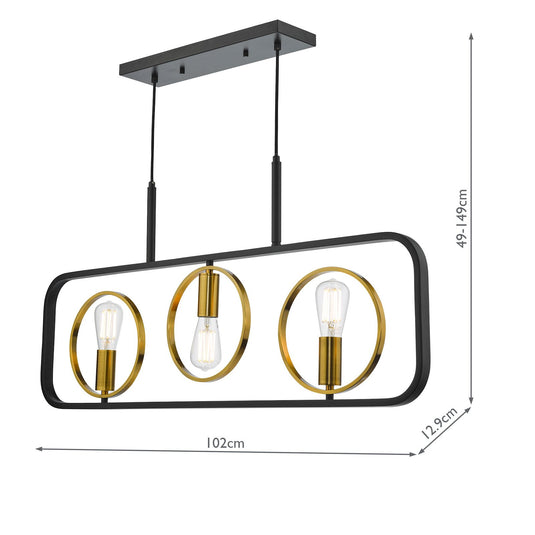 Dar Lighting RYO0354 Ryota 3 Light Bar Pendant Satin Black Antique Gold - 37008