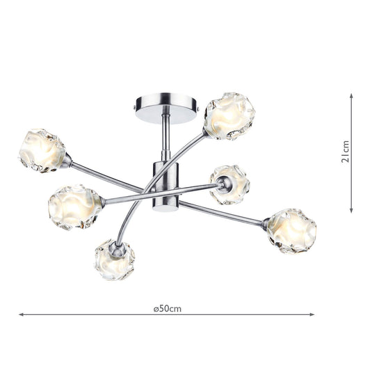Dar Lighting SEA0646 Seattle 6lt Semi Flush Satin Chrome & Sculptured Glass - 22683
