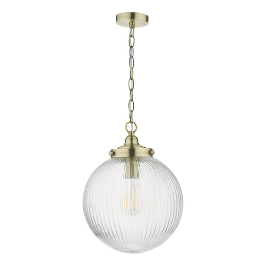 Dar Lighting TAM0175 Tamara 1 Light Single Pendant Antique Brass Ribbed Glass - 35437