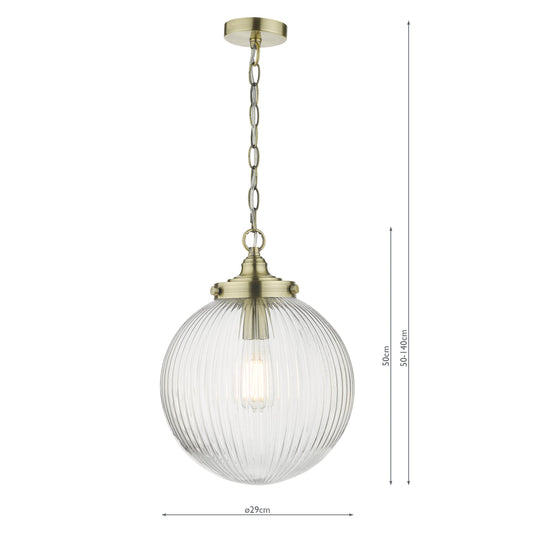 Dar Lighting TAM0175 Tamara 1 Light Single Pendant Antique Brass Ribbed Glass - 35437