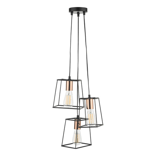 Dar Lighting TOW0322 Tower 3 Light Cluster Pendant Black & Copper - 35451