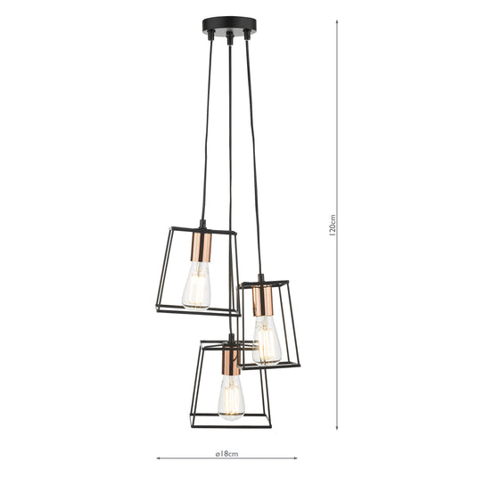 Dar Lighting TOW0322 Tower 3 Light Cluster Pendant Black & Copper - 35451