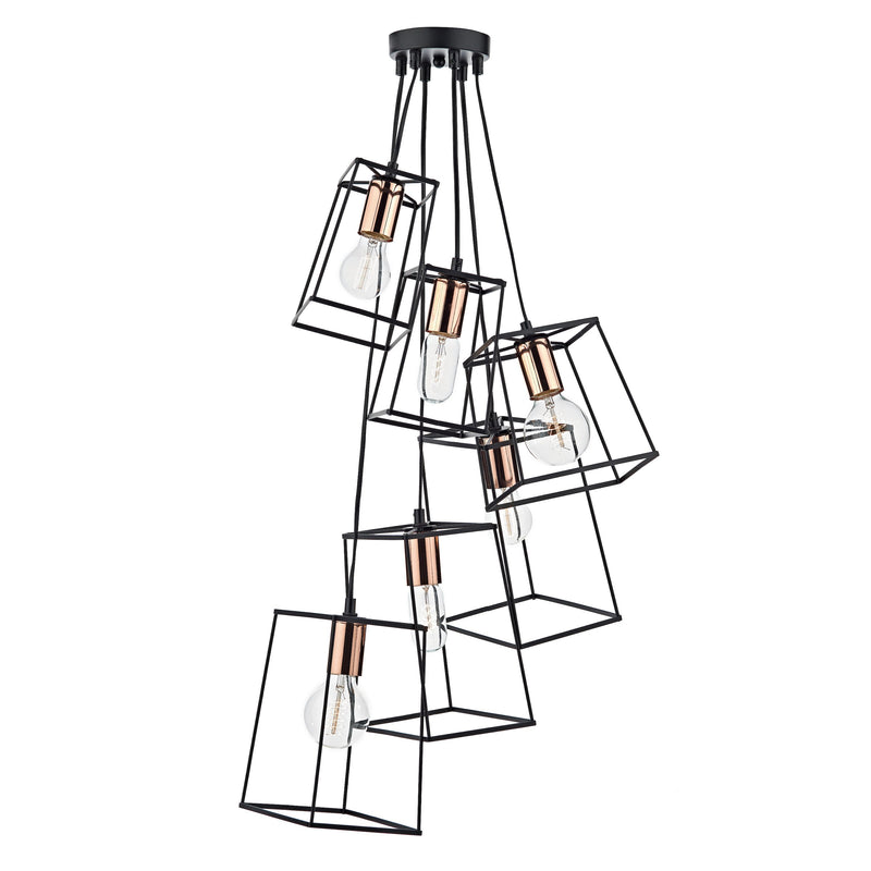 Load image into Gallery viewer, Dar Lighting TOW0622 Tower Box 6 Light Cluster Pendant Ceiling Light Matt Black &amp; Copper - 23862
