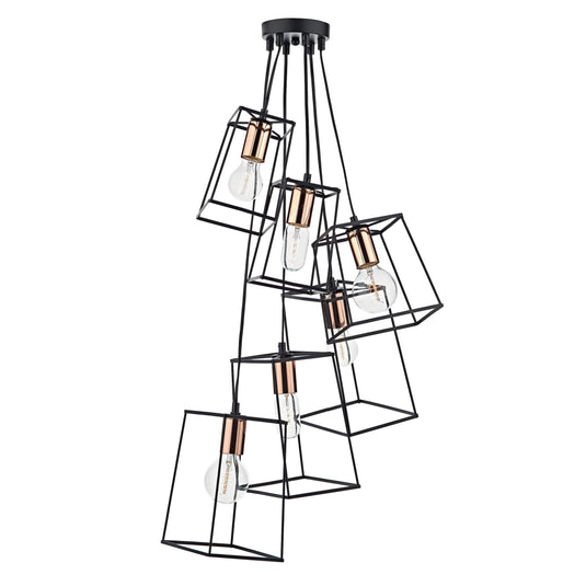 Dar Lighting TOW0622 Tower Box 6 Light Cluster Pendant Ceiling Light Matt Black & Copper - 23862