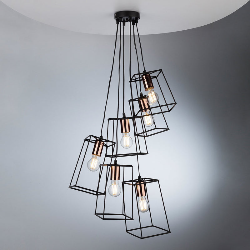 Load image into Gallery viewer, Dar Lighting TOW0622 Tower Box 6 Light Cluster Pendant Ceiling Light Matt Black &amp; Copper - 23862
