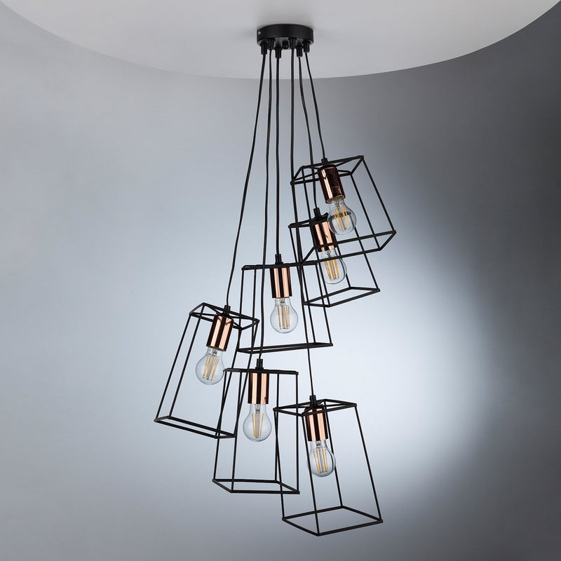 Load image into Gallery viewer, Dar Lighting TOW0622 Tower Box 6 Light Cluster Pendant Ceiling Light Matt Black &amp; Copper - 23862
