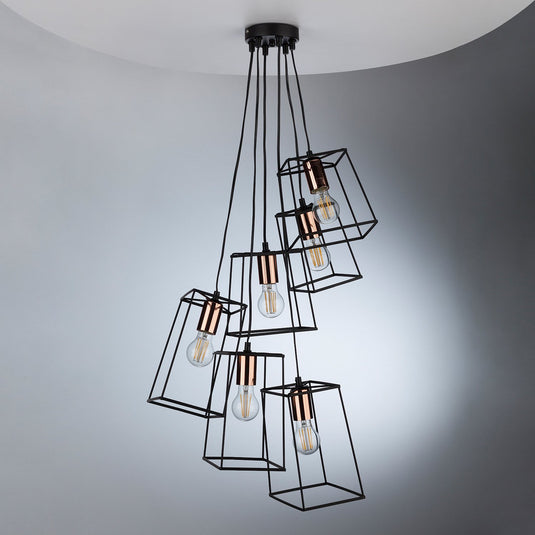 Dar Lighting TOW0622 Tower Box 6 Light Cluster Pendant Ceiling Light Matt Black & Copper - 23862