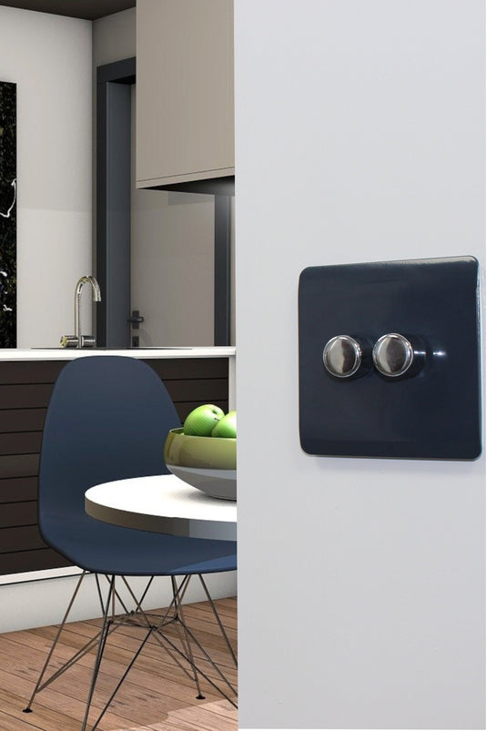 Trendi Switch ART-2LDMNV, Artistic Modern 2 Gang 2 Way LED Dimmer Switch 5-150W LED / 120W Tungsten Per Dimmer, Navy Finish, (35mm Back Box Required), 5yrs Warranty - 53601