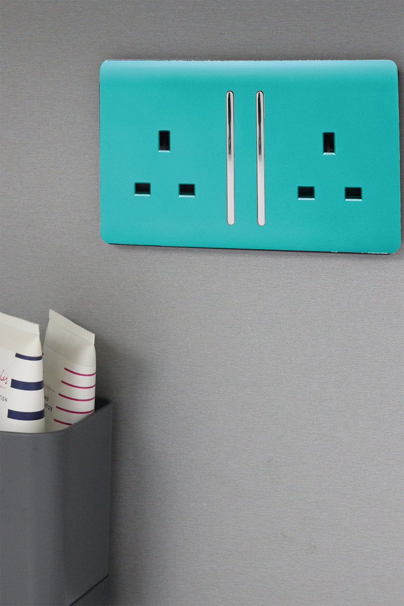 Load image into Gallery viewer, Trendi Switch ART-SKT213LBT, Artistic Modern 2 Gang 13Amp Long Switched Double Socket Bright Teal Finish, BRITISH MADE, (25mm Back Box Required), 5yrs Warranty - 53834
