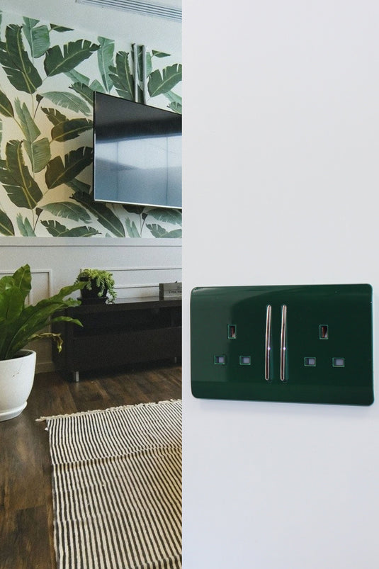 Trendi Switch ART-SKT213LDG, Artistic Modern 2 Gang 13Amp Long Switched Double Socket Dark Green Finish, BRITISH MADE, (25mm Back Box Required), 5yrs Warranty - 53839