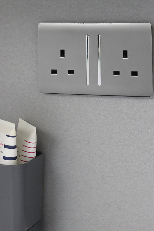 Trendi Switch ART-SKT213LLG, Artistic Modern 2 Gang 13Amp Long Switched Double Socket Light Grey Finish, BRITISH MADE, (25mm Back Box Required), 5yrs Warranty - 53840