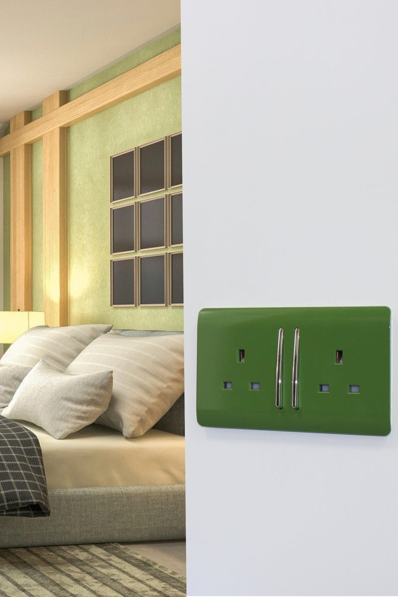 Load image into Gallery viewer, Trendi Switch ART-SKT213LMG, Artistic Modern 2 Gang 13Amp Long Switched Double Socket Moss Green Finish, BRITISH MADE, (25mm Back Box Required), 5yrs Warranty - 53842
