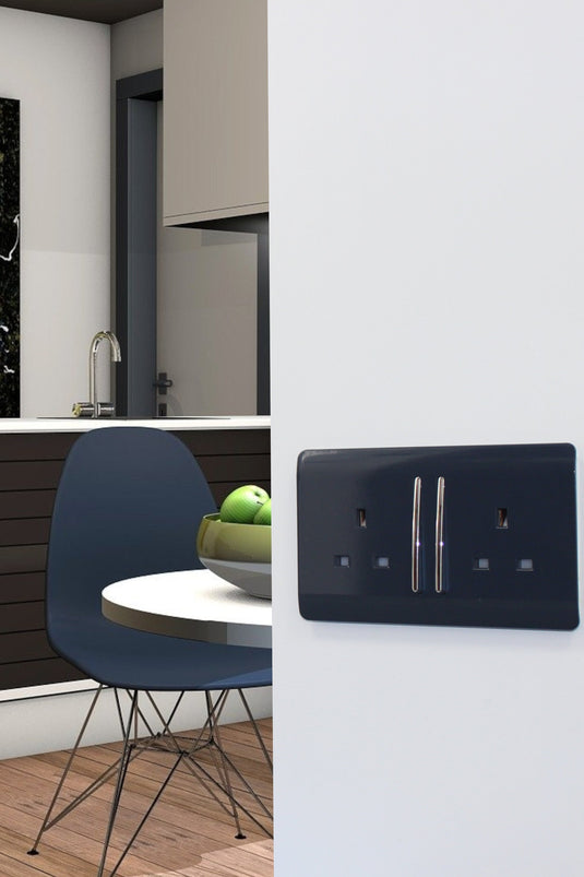 Trendi Switch ART-SKT213LNV, Artistic Modern 2 Gang 13Amp Long Switched Double Socket Navy Blue Finish, BRITISH MADE, (25mm Back Box Required), 5yrs Warranty - 53843