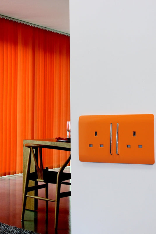 Trendi Switch ART-SKT213LOR, Artistic Modern 2 Gang 13Amp Long Switched Double Socket Orange Finish, BRITISH MADE, (25mm Back Box Required), 5yrs Warranty - 53845