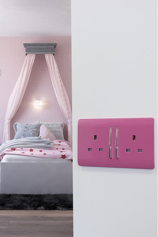 Trendi Switch ART-SKT213LPK, Artistic Modern 2 Gang 13Amp Long Switched Double Socket Pink Finish, BRITISH MADE, (25mm Back Box Required), 5yrs Warranty - 53846