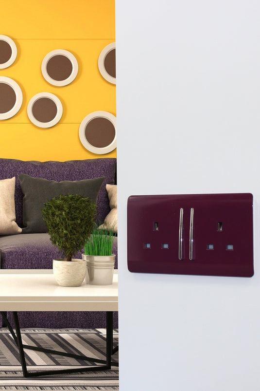 Trendi Switch ART-SKT213LPL, Artistic Modern 2 Gang 13Amp Long Switched Double Socket Plum Finish, BRITISH MADE, (25mm Back Box Required), 5yrs Warranty - 53847