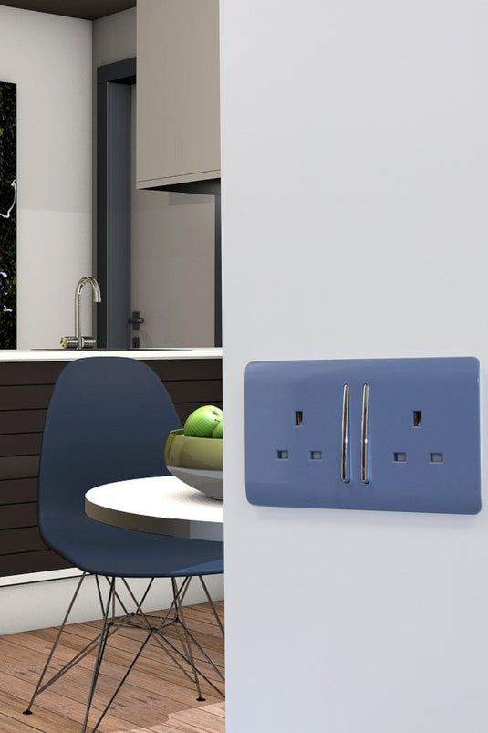 Trendi Switch ART-SKT213LSK, Artistic Modern 2 Gang 13Amp Long Switched Double Socket Sky Finish, BRITISH MADE, (25mm Back Box Required), 5yrs Warranty - 53849