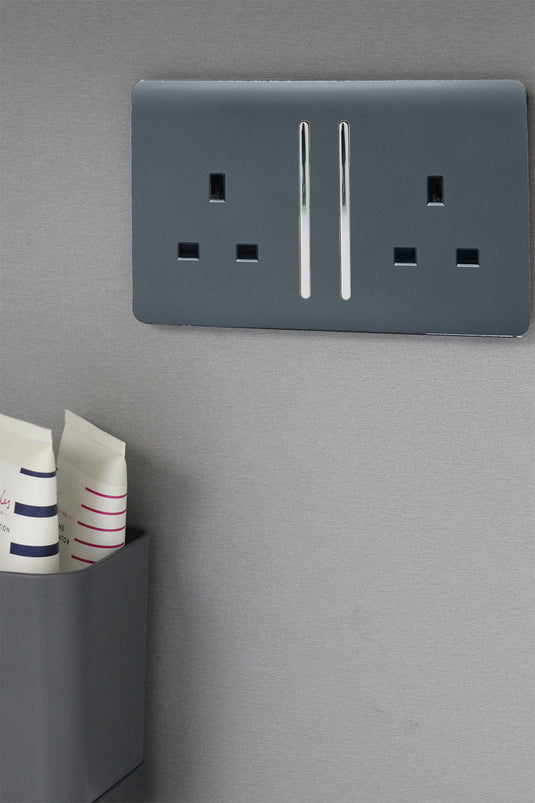 Trendi Switch ART-SKT213LWG, Artistic Modern 2 Gang 13Amp Long Switched Double Socket Warm Grey Finish, BRITISH MADE, (25mm Back Box Required), 5yrs Warranty - 53850