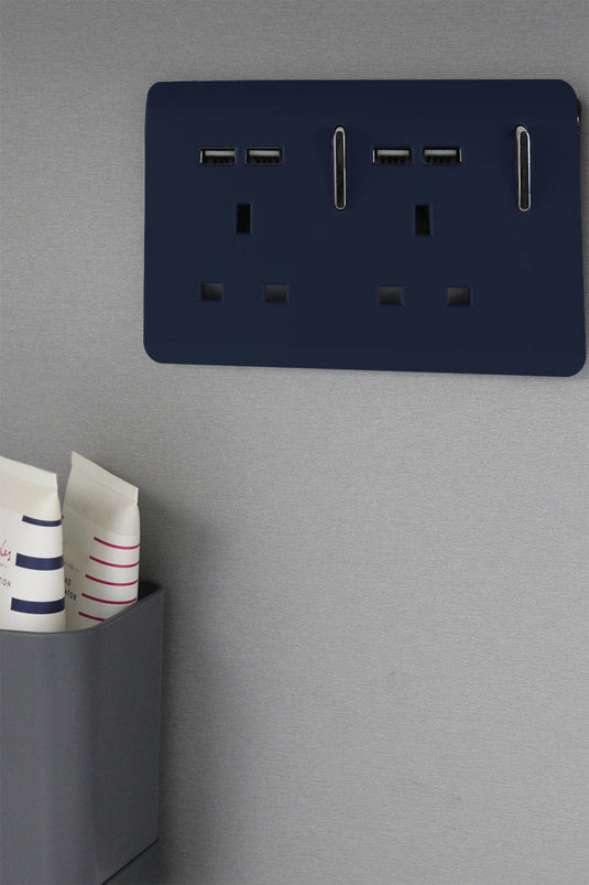 Trendi Switch ART-SKT213USBNV, Artistic Modern 2 Gang 13A Switched Double Socket With 4X 2.1Mah USB Navy Blue Finish, BRITISH MADE, (45mm Back Box Required), 5yrs Warranty - 53902