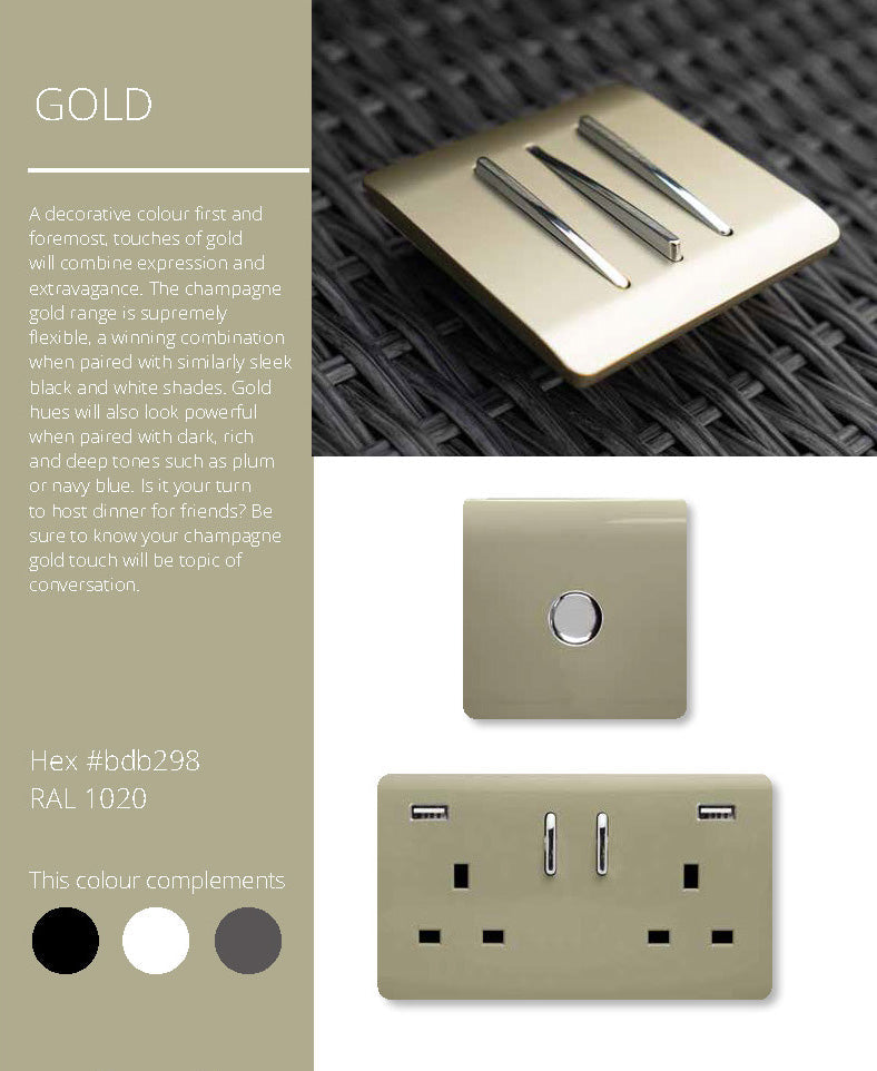 Load image into Gallery viewer, Trendi Switch ART-SS29GO, Artistic Modern 2 Gang (1x2 Way, 1xIntermediate) 10 Amp Rocker Champagne Gold Finish, BRITISH MADE, (25mm Back Box Required), 5yrs Warranty - 53981
