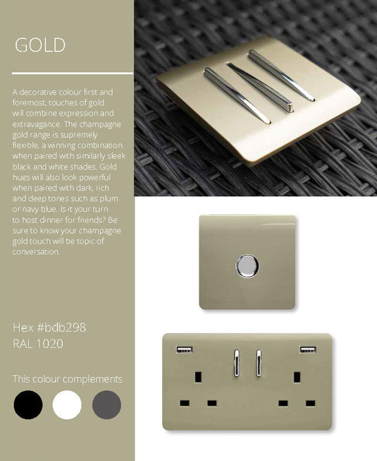 Trendi Switch ART-SKT213USBGO, Artistic Modern 2 Gang 13A Switched Double Socket With 4X 2.1Mah USB Champagne Gold Finish, BRITISH MADE, (45mm Back Box Required) 5yrs Wrnty - 24239