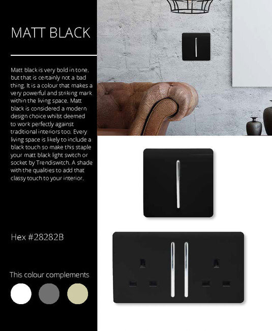 Trendi Switch ART-WHS2MBK, Artistic Modern 45 Amp Neon Insert Double Pole Switch Matt Black Finish, BRITISH MADE, (35mm Back Box Required), 5yrs Warranty - 43967