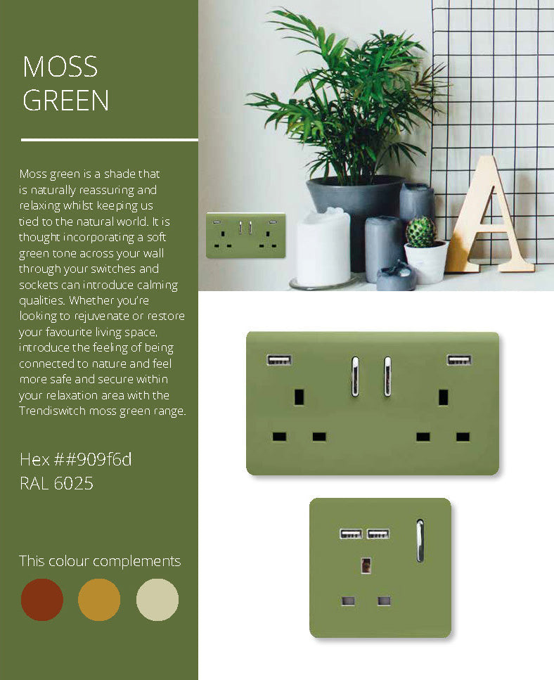 Trendi Switch ART TLP TVMG Artistic Modern TV Co Axial RJ11 Telephone Moss Green Finish BRITISH MADE 35mm Back Box Required 5yrs Warranty