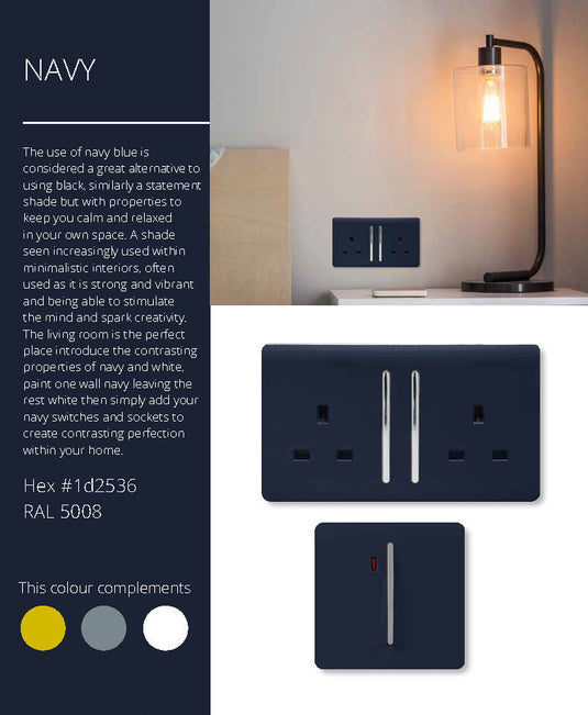 Trendi Switch ART-WHS2NV, Artistic Modern 45 Amp Neon Insert Double Pole Switch Navy Blue Finish, BRITISH MADE, (35mm Back Box Required), 5yrs Warranty - 54350
