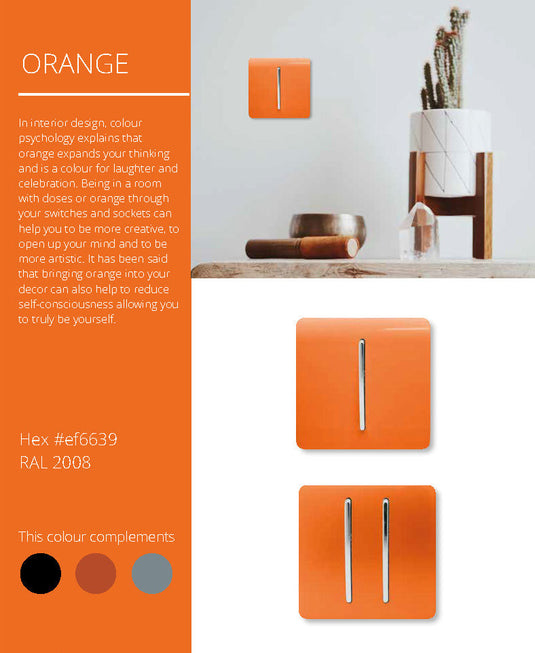 Trendi Switch ART-SS2299OR, Artistic Modern 4 Gang (2x2 Way, 2xIntermediate) 10 Amp Rocker Orange Finish, BRITISH MADE, (25mm Back Box Required), 5yrs Warranty - 53946