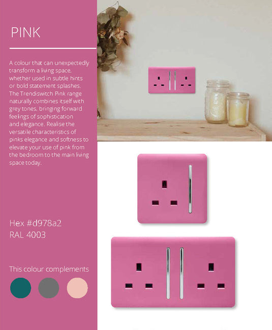 Trendi Switch ART-SS2229PK, Artistic Modern 4 Gang  (3x 2 Way 1x 3 Way Intermediate Twin Plate) Pink Finish, BRITISH MADE, (25mm Back Box Required), 5yrs Warranty - 53926