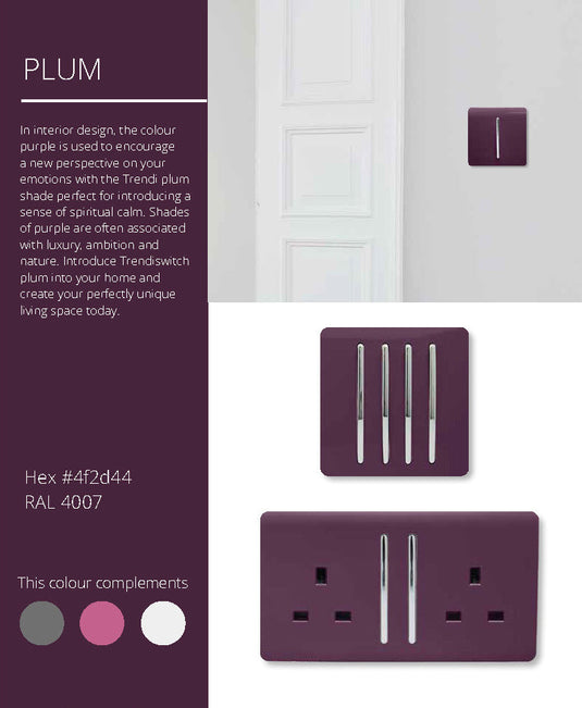 Trendi Switch ART-SS29PL, Artistic Modern 2 Gang (1x2 Way, 1xIntermediate) 10 Amp Rocker Plum Finish, BRITISH MADE, (25mm Back Box Required), 5yrs Warranty - 53990