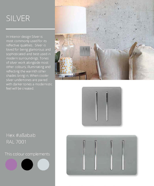 Trendi Switch ART-SS2229SI, Artistic Modern 4 Gang  (3x 2 Way 1x 3 Way Intermediate Twin Plate) Platinum Silver Finish, BRITISH MADE, (25mm Back Box Required) 5yrs Wrnty - 53929