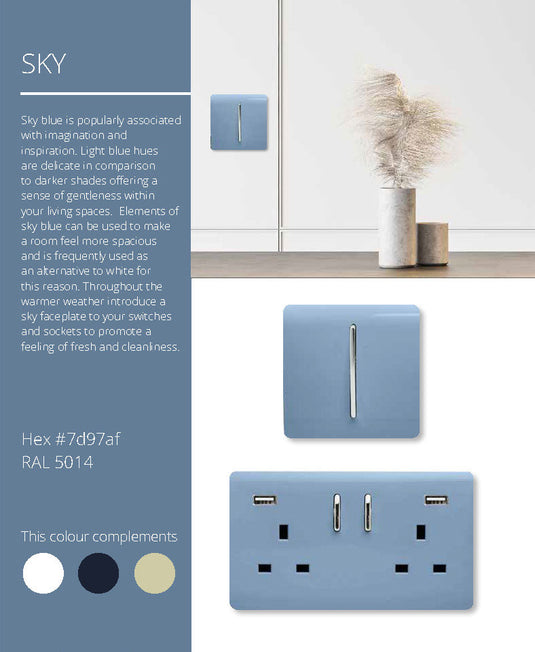 Trendi Switch ART-SKT13SK, Artistic Modern 1 Gang 13Amp Switched Socket Sky Finish, BRITISH MADE, (25mm Back Box Required), 5yrs Warranty - 53813