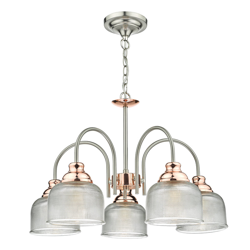 Load image into Gallery viewer, Dar Lighting WHA0546 Wharfdale 5lt Pendant Satin Chrome Copper detail Glass Shades - 25740
