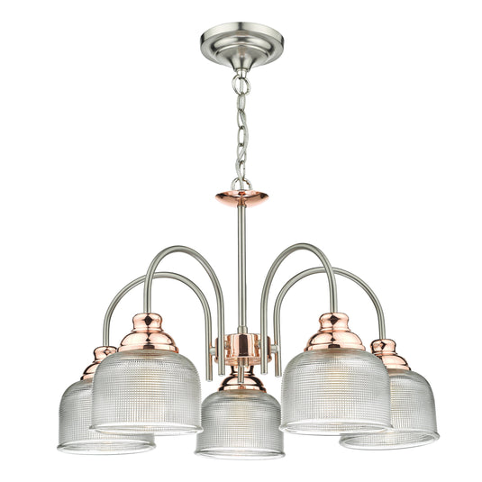 Dar Lighting WHA0546 Wharfdale 5lt Pendant Satin Chrome Copper detail Glass Shades - 25740