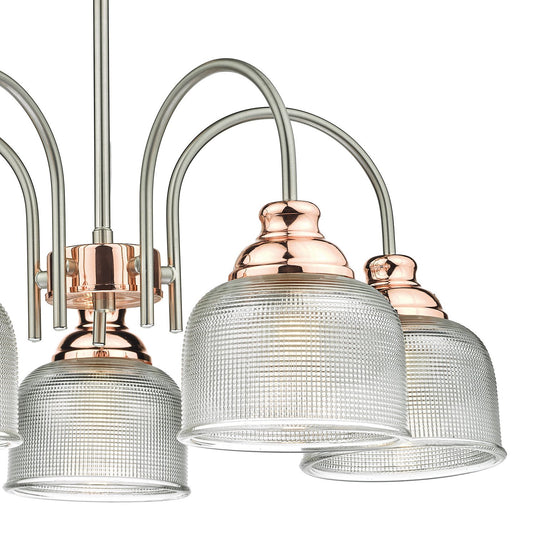 Dar Lighting WHA0546 Wharfdale 5lt Pendant Satin Chrome Copper detail Glass Shades - 25740