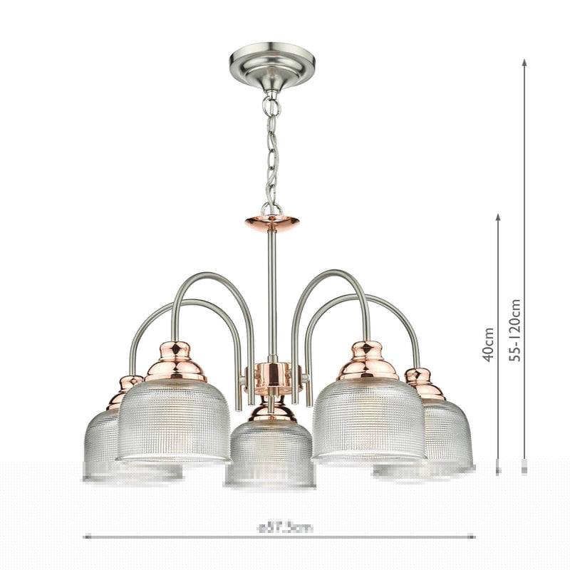 Load image into Gallery viewer, Dar Lighting WHA0546 Wharfdale 5lt Pendant Satin Chrome Copper detail Glass Shades - 25740
