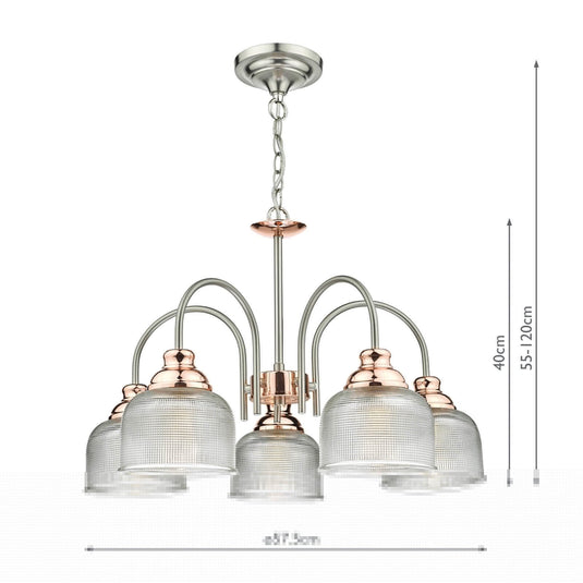 Dar Lighting WHA0546 Wharfdale 5lt Pendant Satin Chrome Copper detail Glass Shades - 25740
