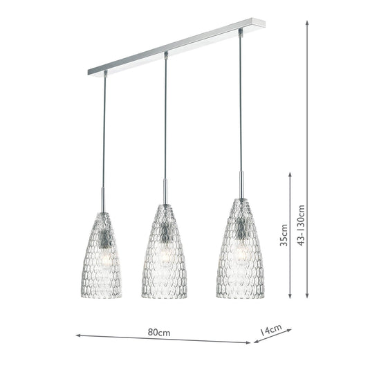 Dar Lighting ZUK0308 Zuka 3lt Bar Pendant Polished Chrome & Textured Glass - 23798