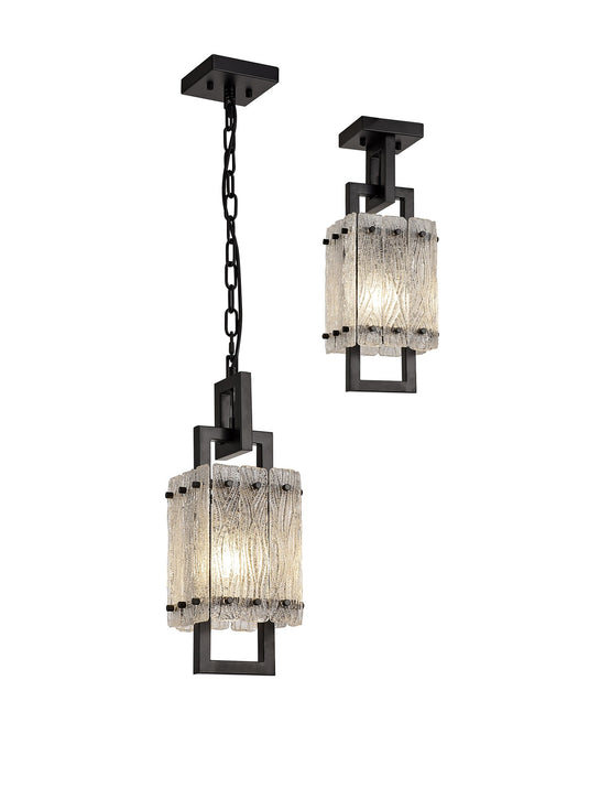 C-Lighting Acol Small Square Pendant, 1 Light E27, Matt Black/Crystal Sand Glass - 29113