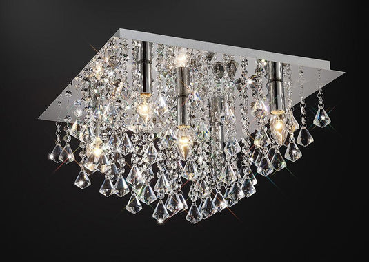 Deco D0146 Acton Flush Ceiling 5 Light E14, 460mm Square, Polished Chrome/Prism Crystal