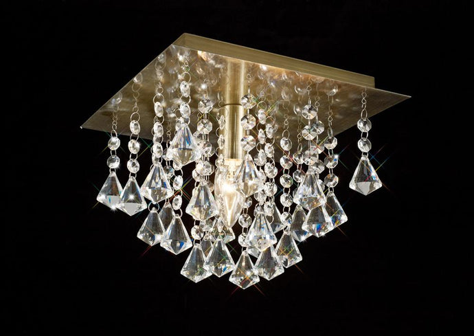 Deco D0186 Acton Flush Ceiling 1 Light E14, 250mm Square, Antique Brass/Prism Crystal