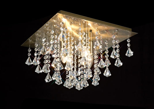 Deco D0188 Acton Flush Ceiling 4 Light E14, 380mm Square, Antique Brass/Prism Crystal