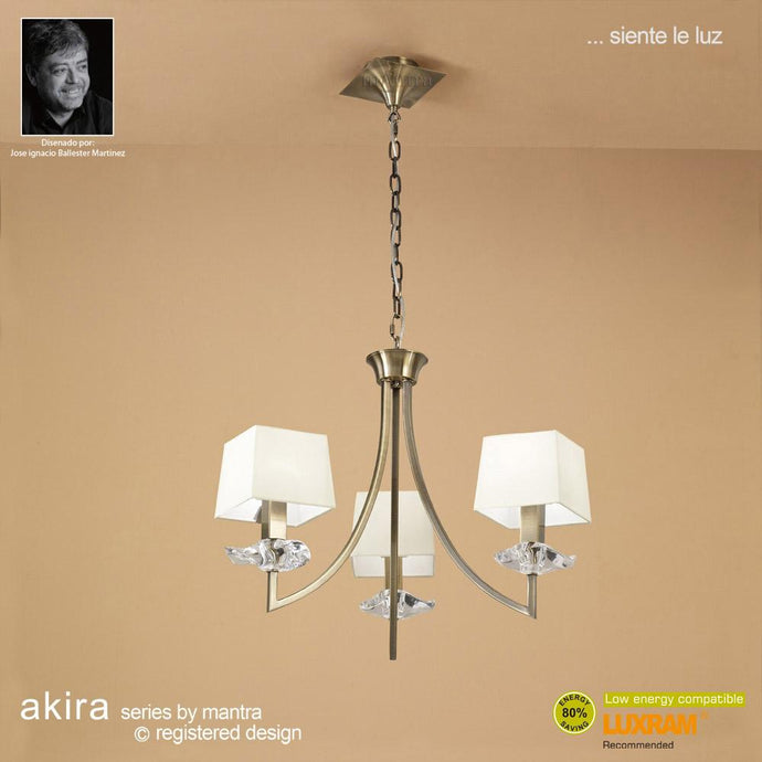 Mantra M0783AB Akira Pendant 3 Light E14, Antique Brass With Cream Shades