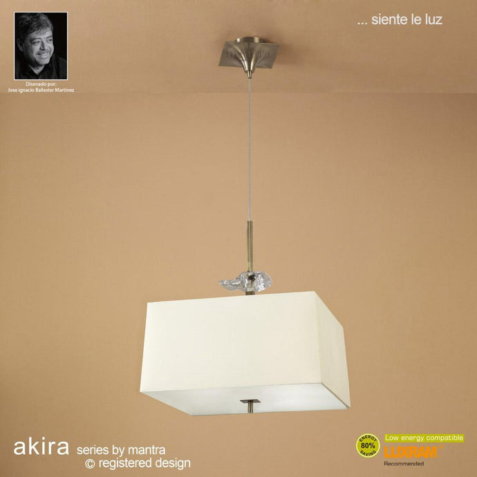 Mantra M0784AB Akira Pendant 4 Light E27, Antique Brass/Frosted Glass With Cream Shade