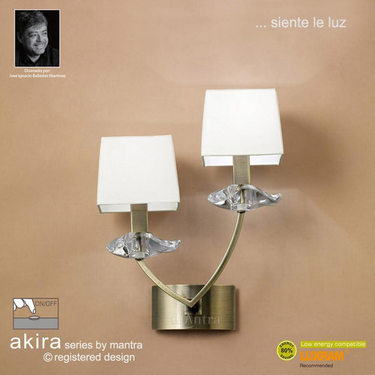 Mantra M0787AB/S Akira Wall Lamp Switched 2 Light E14, Antique Brass With Cream Shades