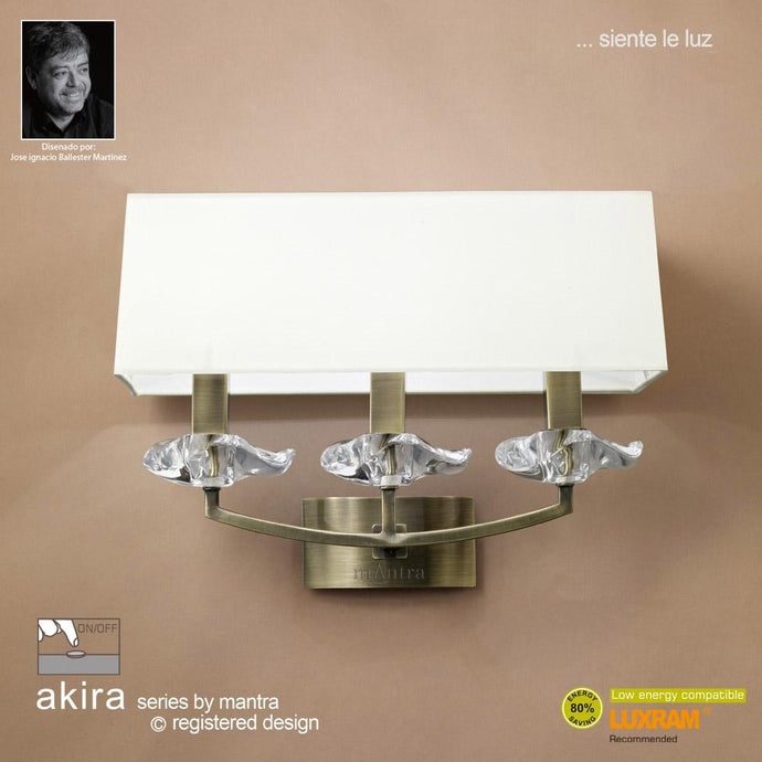 Mantra M0788AB/S Akira Wall Lamp Switched 3 Light E14, Antique Brass With Cream Shade