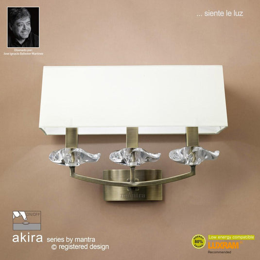 Mantra M0788AB/S Akira Wall Lamp Switched 3 Light E14, Antique Brass With Cream Shade