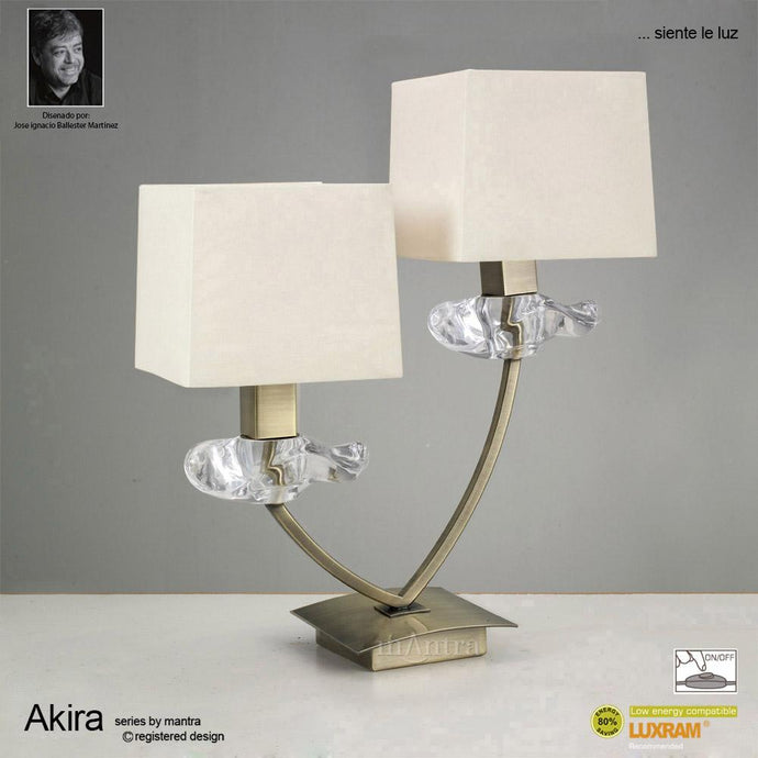 Mantra M0790AB Akira Table Lamp 2 Light E14, Antique Brass With Cream Shades